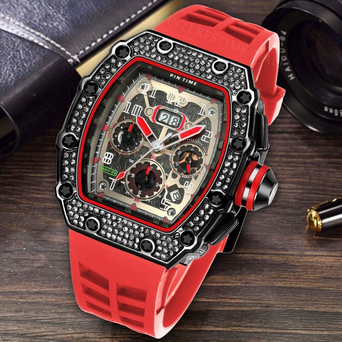 Gosasa Mens Diamond Watches Luxury Tonneau Watches for Men Analog Watch Chronograph Calendar Date Men’s Dress Business Work Watch Large Rectangle Face Wristwatch with Silicon Strap - Image 5